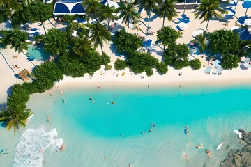 Fototapeta na wymiar Illustration Of A Aerial View Of A Beach With Turquoise Blue Waters With Umbrellas And People Enjoying. Generative AI