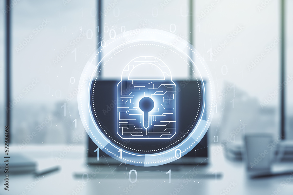 Poster double exposure of creative lock hologram with chip on laptop background. information security conce