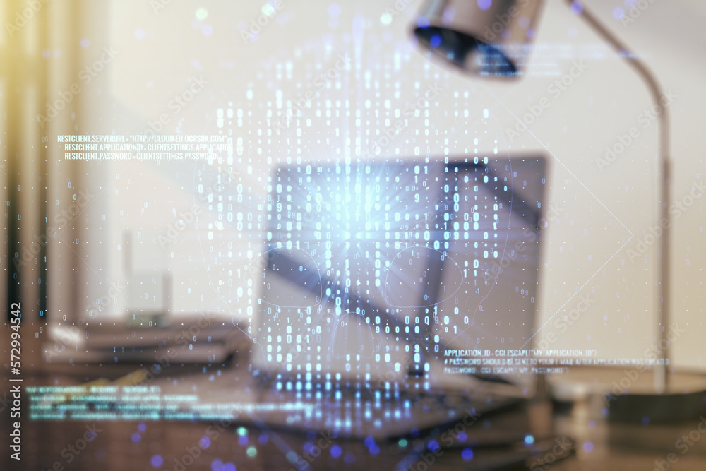 Poster double exposure of creative code skull hologram on laptop background. malware and cyber crime concep