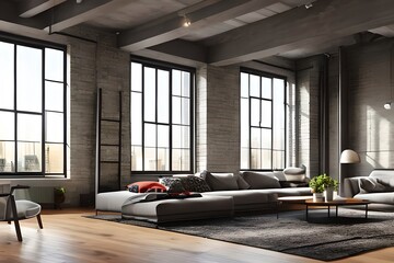 Illustration Of Modern Loft Apartment With Big French Window. Generative AI