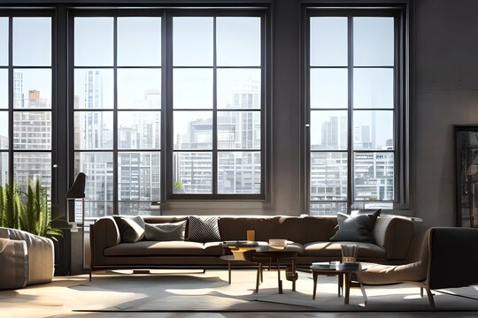 Illustration Of Modern Loft Apartment With Big French Window. Generative AI