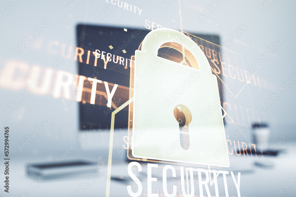 Poster creative idea concept with lock symbol and microcircuit illustration on modern laptop background. pr