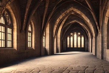 Fototapeta premium Long Medieval Castle Corridor With Torches. Fantasy Background. Interior Of Ancient Palace With Stone Arch. Digital Art. Generative AI