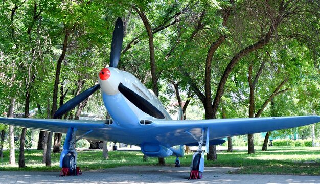 Soviet single-engine YAK-3 fighter aircraft of the Great Patriotic War period in the exhibition complex "Salute, Victory!", Orenburg, Russia