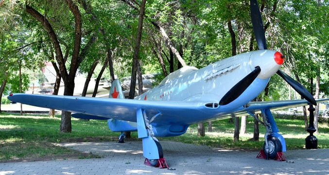 Soviet single-engine YAK-3 fighter aircraft of the Great Patriotic War period in the exhibition complex "Salute, Victory!", Orenburg, Russia