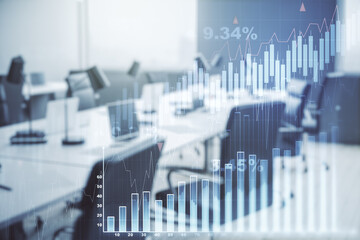 Multi exposure of virtual creative financial chart hologram on modern corporate office background, research and analytics concept