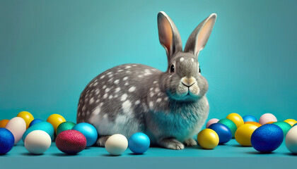 Fototapeta na wymiar A speckled grey rabbit sits amidst a scattered collection of colorful Easter eggs on a serene turquoise background, exuding a sense of playful curiosity.Happy Easter wallpaper. Generative AI.