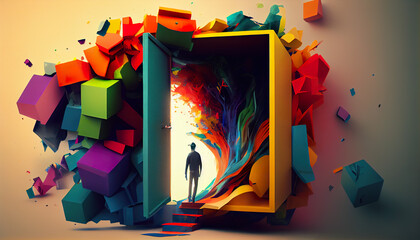 Evocative representation of 'Thinking outside the box: to become a creative problem solver.' Silhouette embarks on a  imaginative journey beyond conventional boundaries with 3D cubes generative Ai  - obrazy, fototapety, plakaty