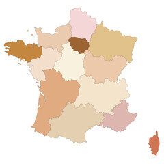 France map. French map. High detailed with multicolor division 13 regions include border countries. Transparent Background 