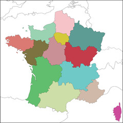 Fototapeta na wymiar France map. French map. High detailed with multicolor division 13 regions include border countries