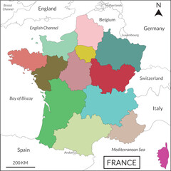 France map. French map. High detailed with multicolor division 13 regions include border countries, Italy, Belgium, Switzerland, England, Luxembourg, Andorra, Spain, Germany, English Channel, Mediterr