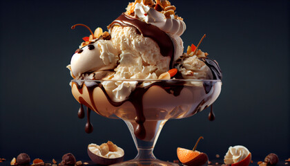 Obraz na płótnie Canvas A chocolate ice cream sundae with whipped cream, nuts and chocolate sauce generative AI