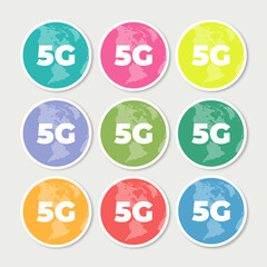 Set of 5G colorful round stickers with world map. Modern mobile technology signs. Vector illustration