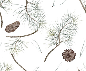 Pattern with pine cone and branch. Botanical natural forest theme. Watercolor isolated illustration on white background. Seamless pattern, an illustration for postcards, posters, textile design.