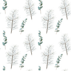 Pattern with pine branch and eucalyptus. Botanical natural forest theme. Watercolor isolated illustration on white background. Seamless pattern, an illustration for postcards, posters, textile design.