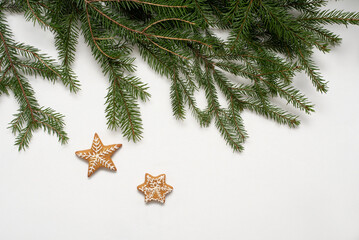 Handmade gingerbread cookies in the form of stars with Christmas tree on white background
