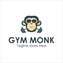 Gym Monkey Logo Design Template with monk icon and gym. Perfect for business, company, mobile, app, etc