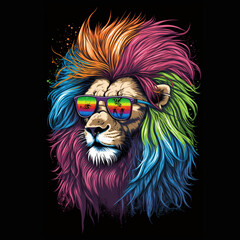 illustration lion with rainbow hair wearing sunglasses ,cartoon comic,For t-shirts print,merchandise .
