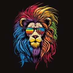 Obraz premium illustration lion with rainbow hair wearing sunglasses ,cartoon comic,For t-shirts print,merchandise . 
