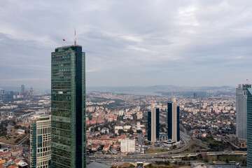 High angle aerial panoramic view of houses and business centers in Maslak region of Sariyer district, Istanbul