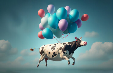 Kuh hängt an Luftballontraube und fliegt durch die Luft, Generative AI