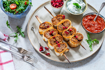 Beyti - Turikish lamb kofte-style kebab wrapped in flatbread
