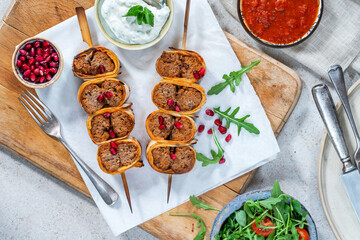 Beyti - Turikish lamb kofte-style kebab wrapped in flatbread