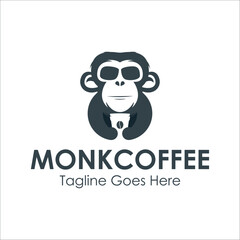 Monkey Coffee Logo Design Template with monk icon and cup coffee. Perfect for business, company, mobile, app, etc