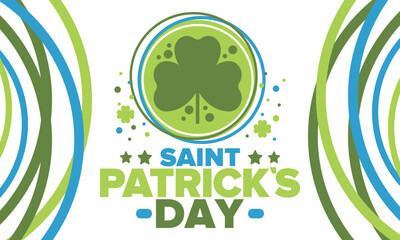 Happy Saint Patricks Day. Traditional irish holiday. Celebrate annual in March 17. Clover and shamrock leaves. Green and orange party design. Ireland color. Poster, card, banner and background. Vector