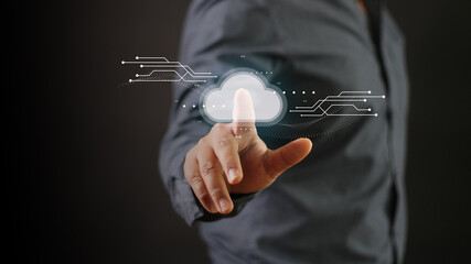 A man press cloud computing netwok button. Technology server online. User interface internet communication