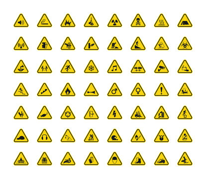 Vector illustration warning hazard triangle sign icons set. Triangular warning hazard symbols on white background. Vector illustration - Vector