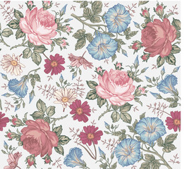 Seamless pattern. Chamomile Daisies Roses wildflowers. Beautiful blooming realistic isolated flowers Vintage background fabric Wallpaper baroque. Drawing engraving sketch Vector victorian illustration