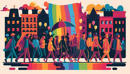 Generative AI A group of people participating in a Pride parade. LGBT community. LGBTQ.Gay