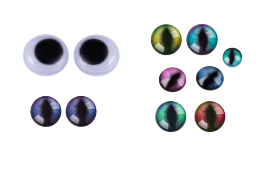 collection of various googly eyes plastic isolated on white background