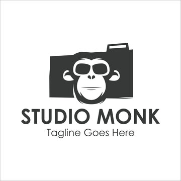 Studio Monk Logo Design Template with monk icon and camera. Perfect for business, company, mobile, app, etc