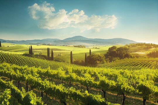 a dreamy winery in tuscany, wonderful tasty italian wine, wine bottles, grape plantation background, generative ai