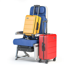 Aircraft sear with two travel suitcases. Passangers baggage rules and condicions of airlines concept.