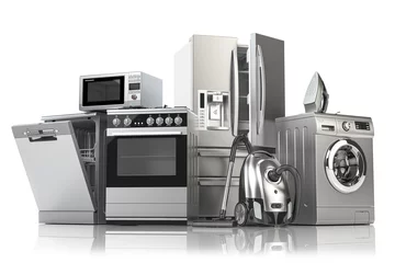 Foto op Plexiglas Home appliances. Household kitchen technics isolated on white background. Fridge, dishwasher, gas cooker, microwave oven, washing machine vacuum cleaner air conditioneer and iron. © Maksym Yemelyanov