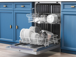 Open  dishwasher  with clean dishes inside in kitchen.
