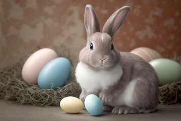 Adorable Easter rabbit with colourful Easter Eggs. Easter bunny, Happy Easter Holidays, Holy Week tradition, Spring holiday, Easter Sunday. Generative AI.