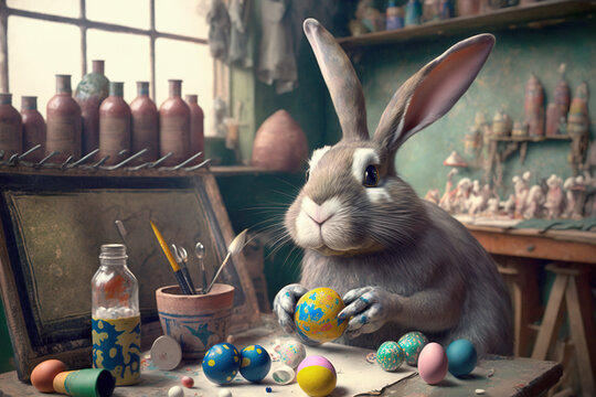 Easter bunny painting colored Easter eggs in his paint shop. Rabbit decorating eggs with paints for Easter holidays. Happy Easter, Holy Week tradition, Spring holiday, Easter Sunday. Generative AI.