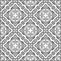  Monochrome ornamental texture with smooth linear shapes, zigzag lines, lace pattern.Abstract geometric black and white pattern for web page, textures, card, poster, fabric, textile.