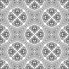  Monochrome ornamental texture with smooth linear shapes, zigzag lines, lace pattern.Abstract geometric black and white pattern for web page, textures, card, poster, fabric, textile.