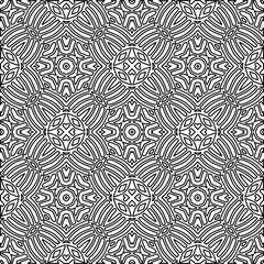  Monochrome ornamental texture with smooth linear shapes, zigzag lines, lace pattern.Abstract geometric black and white pattern for web page, textures, card, poster, fabric, textile.