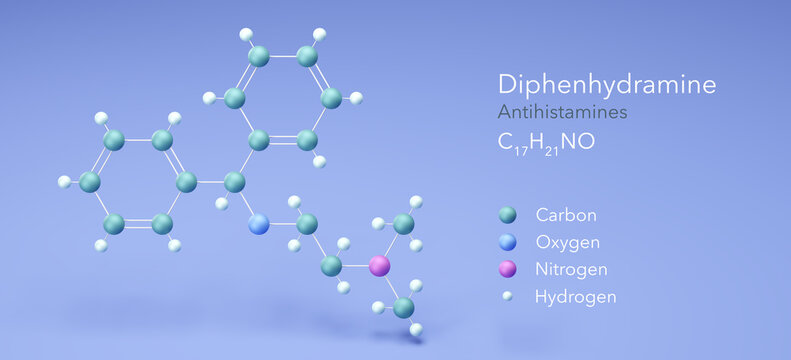 diphenhydramine molecule, molecular structures, benadryl, 3d model, Structural Chemical Formula and Atoms with Color Coding