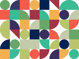 Geometric abstract artwork poster with colorful simple shapes. Randomly arranged geometric shapes pattern design. For banners, backgrounds, wallpapers.