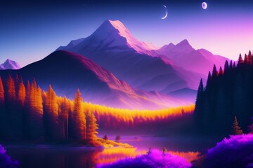 Purple night landscape with mountains and moon digital art