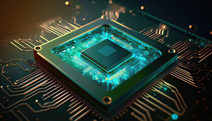 abstract computer processor chip on circuit board with microchips and other computer parts.  generative AI