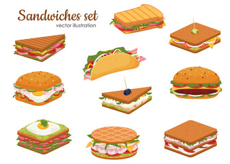 Set of delicious juicy sandwiches filled with vegetables, cheese, meat, bacon. Crispy toast, croissant and bun sandwiches vector set. Tasty snack for lunch or breakfast with fresh ingredients