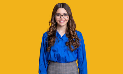 portrait of teen girl look in eyewear glasses. teen girl look in eyewear isolated on yellow.